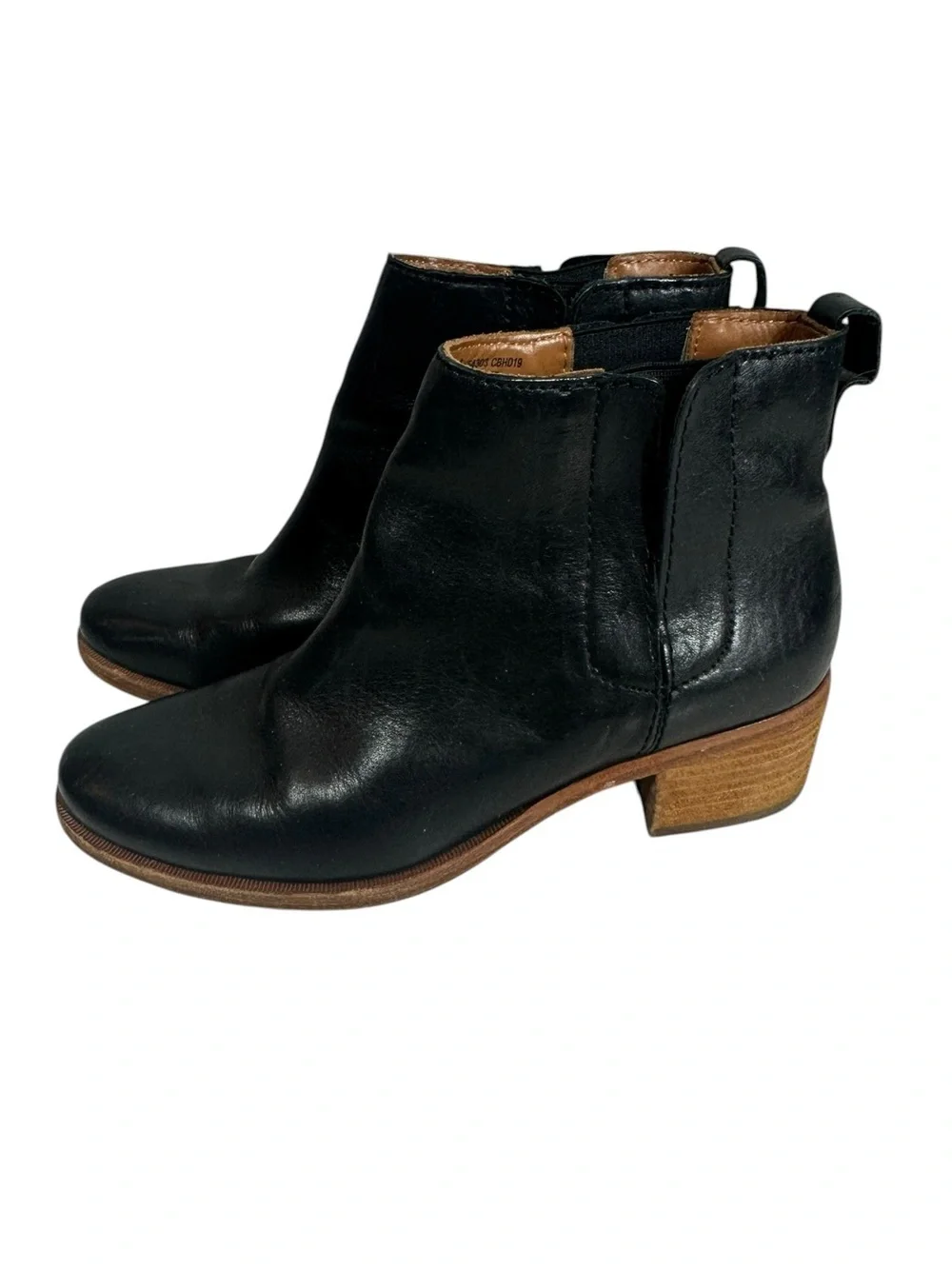KORK-EASE Women's 7 Black Leather Ankle Booties with Stacked Wood Heel